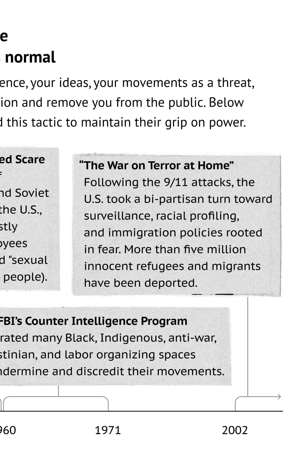 1917-1920: The Red Scare cracked down on the alleged spread of leftist ideas in the labor movement. Several hundred “suspected radicals” were deported. 1942-1946: Japanese Internment incarcerated over 100,000 people of Japanese descent in concentration camps during World War II. 1946-1960: The Second Red Scare spread fear of communist and Soviet influence on the U.S., targeting mostly federal employees and suspected “sexual perverts” (gay people). 1960-1971: The FBI’s Counter Intelligence Program infiltrated many Black, Indigenous, anti-war, Palestinian, and labor organizing spaces to undermine and discredit their movements. 2002-onward: “The War on Terror at Home” Following the 9/11 attacks, the U.S. took a bi-partisan turn toward surveillance, racial profiling, and immigration policies rooted in fear. More than five million innocent refugees and migrants have been deported.