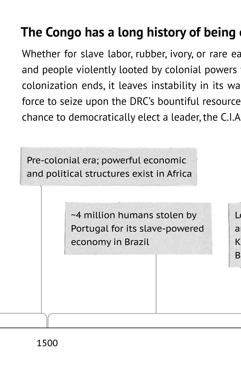 The Congo has a long history of being exploited by the Global North. Whether for slave labor, rubber, ivory, or rare earth metals, the Congo has seen its land and people violently looted by colonial powers for the last 400+ years. When one era of colonization ends, it leaves instability in its wake, creating the opportunity for another force to seize upon the DRC’s bountiful resources. (And the one time the country had the chance to democratically elect a leader, the C.I.A. promptly had him assassinated.)