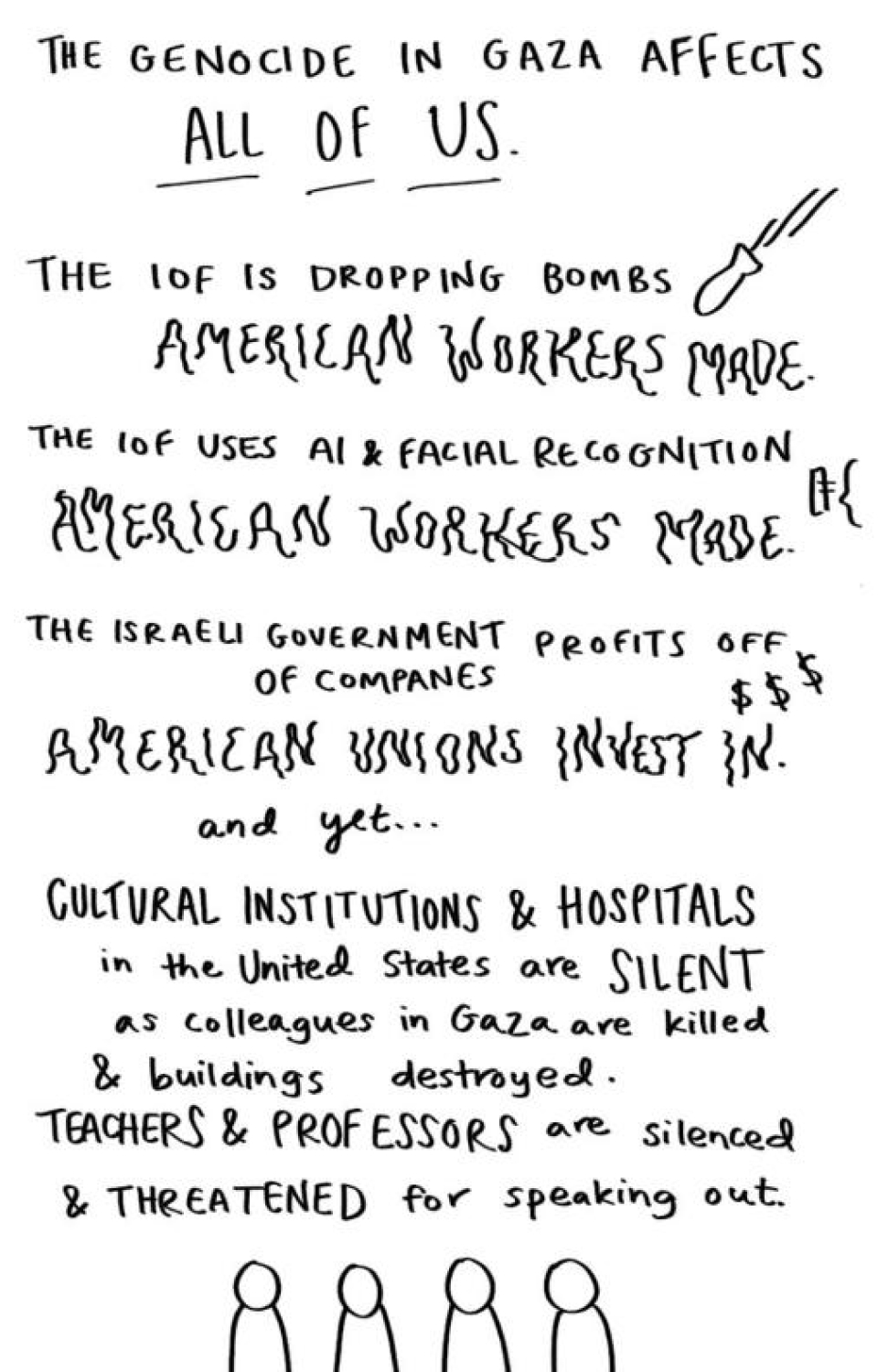 The Genocide in Gaza affects all of us. The IOF is dropping bombs American workers made. The IOF uses AI & facial recognition American workers made. The Israeli government profits off of companies American unions invest in. And yet... Cultural institutions & hospitals in the United States are silent as colleagues in Gaza are killed and buildings destroyed. Teachers and professors are silenced & threatened for speaking out.