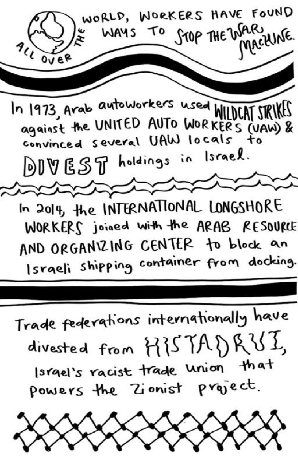 All over the world, workers have found ways to stop the war machine. In 1973, Arab autoworkers used wildcat strikes against the United Auto Workers (UAW) and convinced several UAW locals to divest holdings in Israel. In 2014, the International Longshore Workers joined with the Arab Resource and Organizing Center to block and Israeli shipping container from docking. Trade federations internationally have divested from Histadrui, Israel's racist trade union that powers the Zionist project.