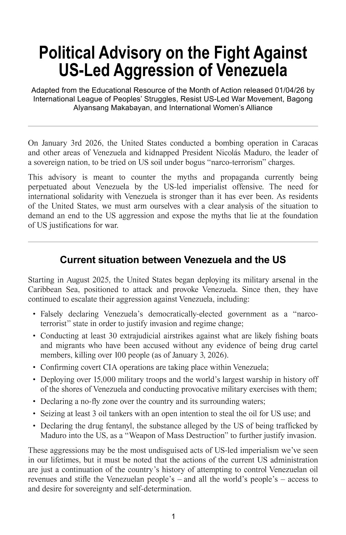 Political Advisory on the Fight Against US-Led Aggression of Venezuela
