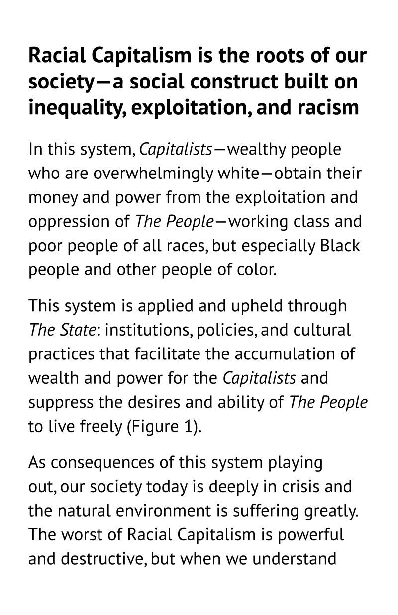 Racial Capitalism is the roots of our society—a social construct built on inequality, exploitation, and racism. In this system, Capitalists—wealthy people who are overwhelmingly white—obtain their money and power from the exploitation and oppression of The People—working class and poor people of all races, but especially Black people and other people of color. This system is applied and upheld through The State: institutions, policies, and cultural practices that facilitate the accumulation of wealth and power for the Capitalists and suppress the desires and ability of The People to live freely (Figure 1). As consequences of this system playing out, our society today is deeply in crisis and the natural environment is suffering greatly. The worst of Racial Capitalism is powerful and destructive, but when we understand