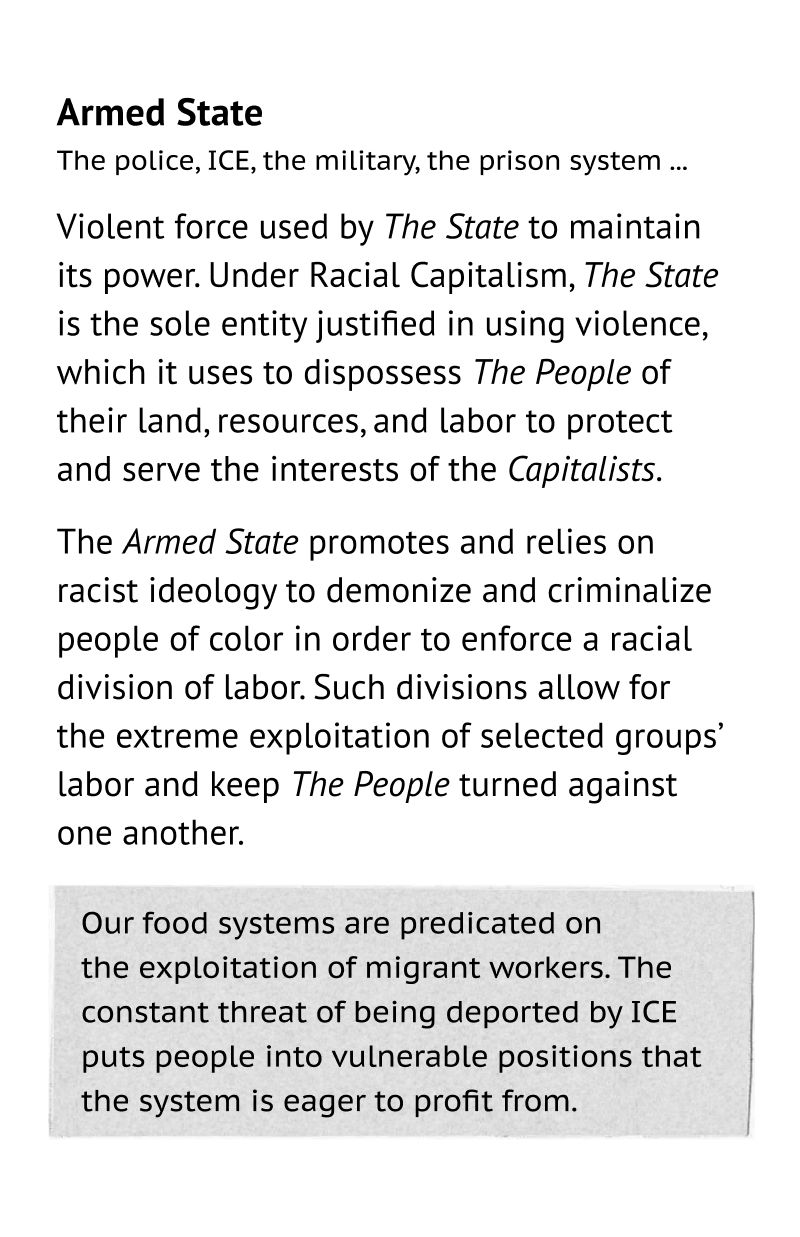 Armed State: The police, the military, the prison system, ICE ... Violent force used by The State to maintainits power. Under Racial Capitalism, The State is the sole entity justified in using violence, violence it uses to dispossess The People of their land, resources, and labor to protectand serve the interests of the Capitalists. The Armed State promotes and relies on racist ideology to demonize and criminalize people of color in order to enforce a racial division of labor. Such divisions allow for the extreme exploitation of selected groups’ labor and keep The People turned against one another. Example: Our food systems are predicated on the exploitation of migrant workers. The constant threat of being deported by ICE puts people into vulnerable positions that the system is eager to profit from.