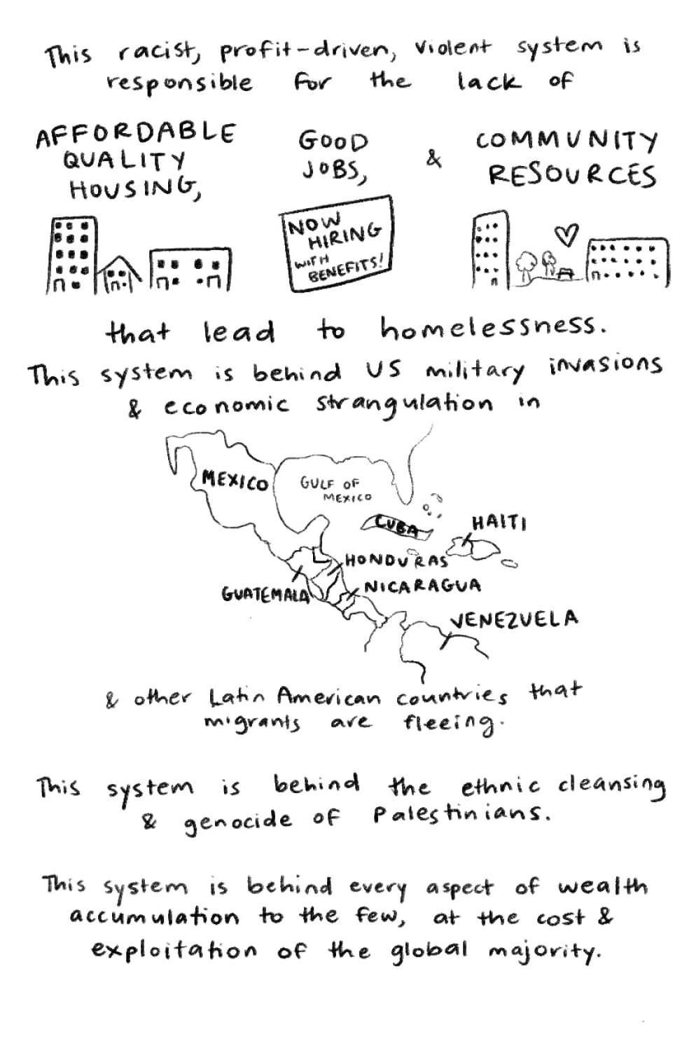 This racist, profit-driven, violent system is responsible for the lack of affordable quality housing, good jobs, & community resources that lead to homelessness. This system is behind U.S. military invasions & economic stragulation in Mexico, Cuba, Guatemala, Honduras, Haiti, Nicaragua, Venezuela, & other Latin American countries that migrants are fleeing. This system is behind the ethnic cleansing & genocide of Palestinians. This system is behind every aspect of wealth accumulation to the few, at the cost & exploitation of the global majority.