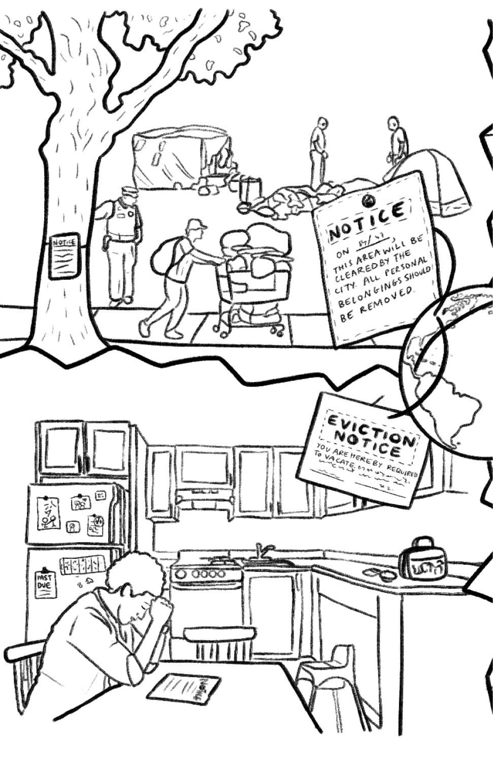 An illustration showing unhoused and poor people from Chicago being evicted.