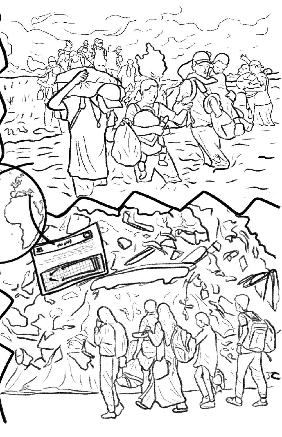 An illustration of migrants in Latin America crossing a river holding their babies and possessions on their backs and displaced Palestinians walking surrounded by rubble.